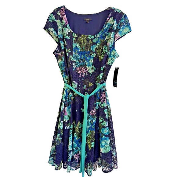 NWT R&K Black Floral Dress Sz 16W Knit Belt Fit Flare Aqua Party Wedding Whimsy - Picture 1 of 12